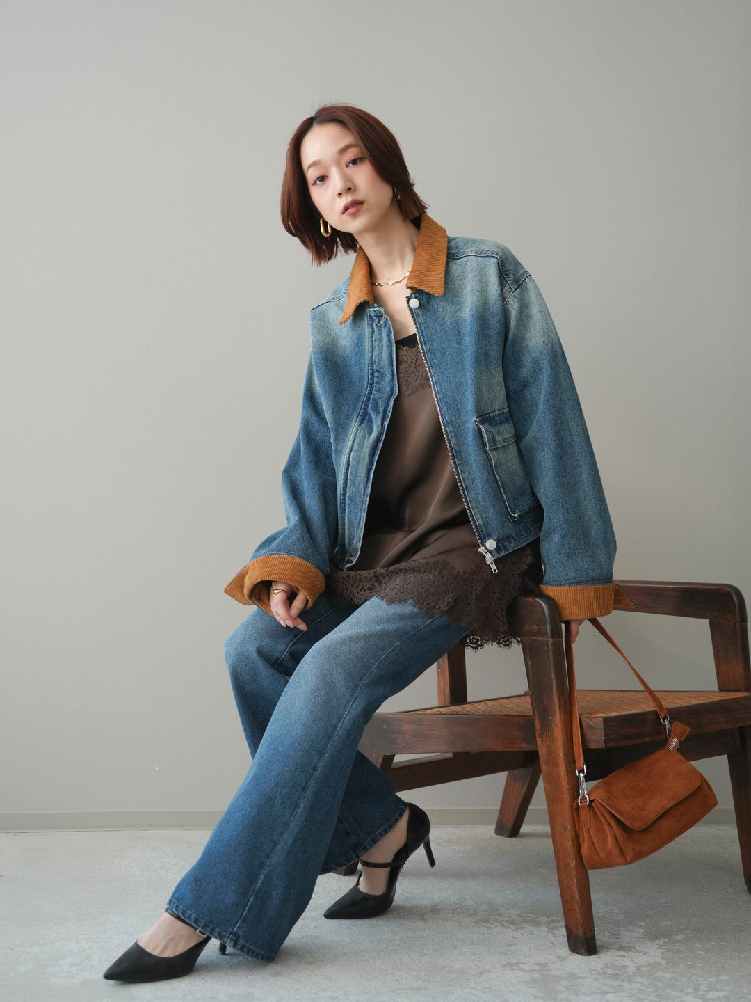 [予約]コーデュロイ×デニムショートカバーオール/blue