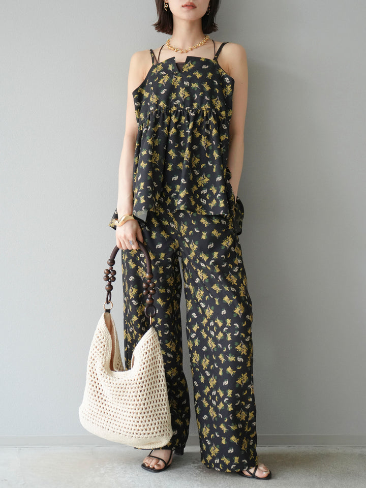 [予約]ブーケプリントタックパンツ/ブラック