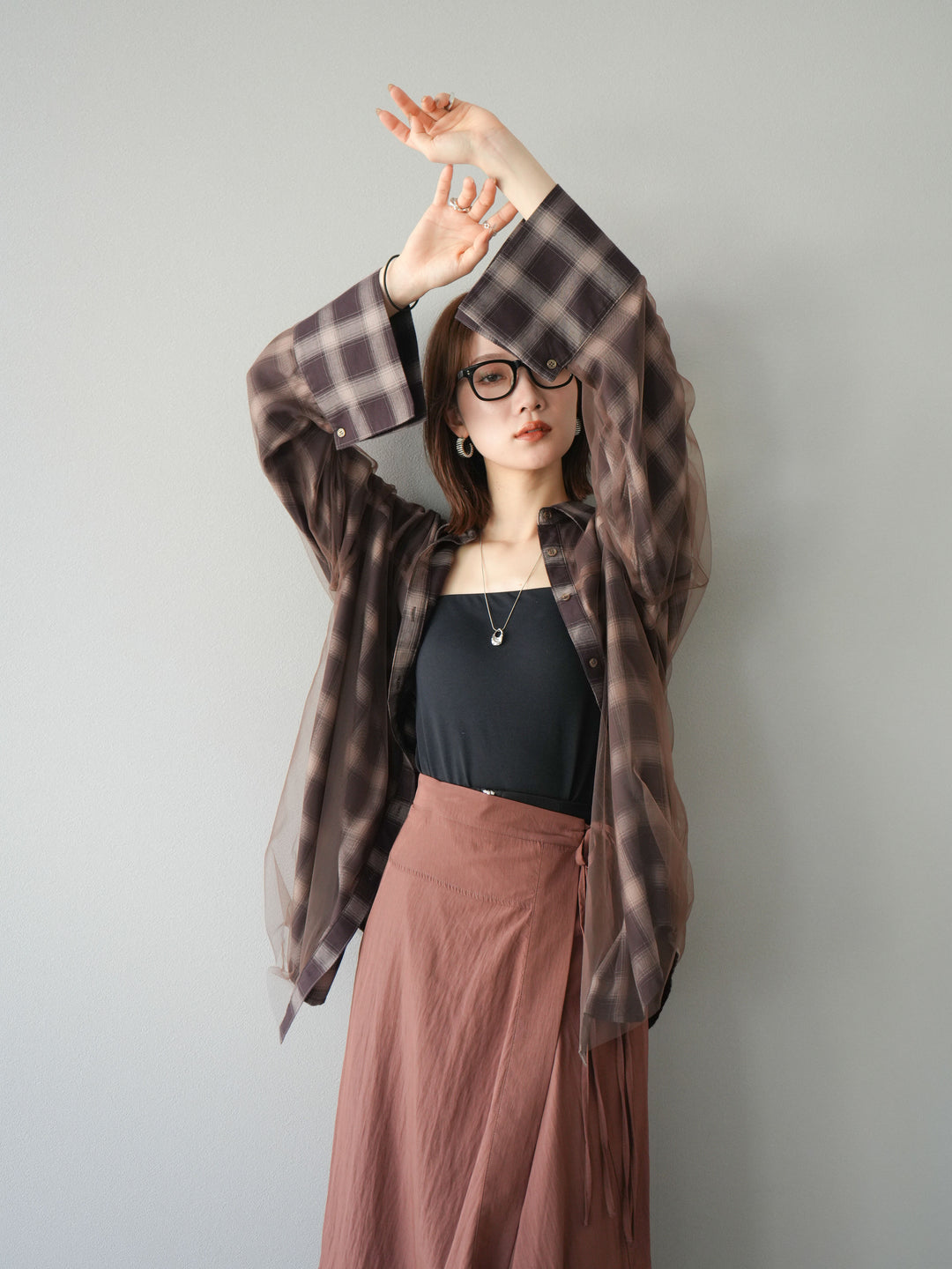 [予約]チュールドッキングチェック柄オーバーサイズシャツ/ブラウン