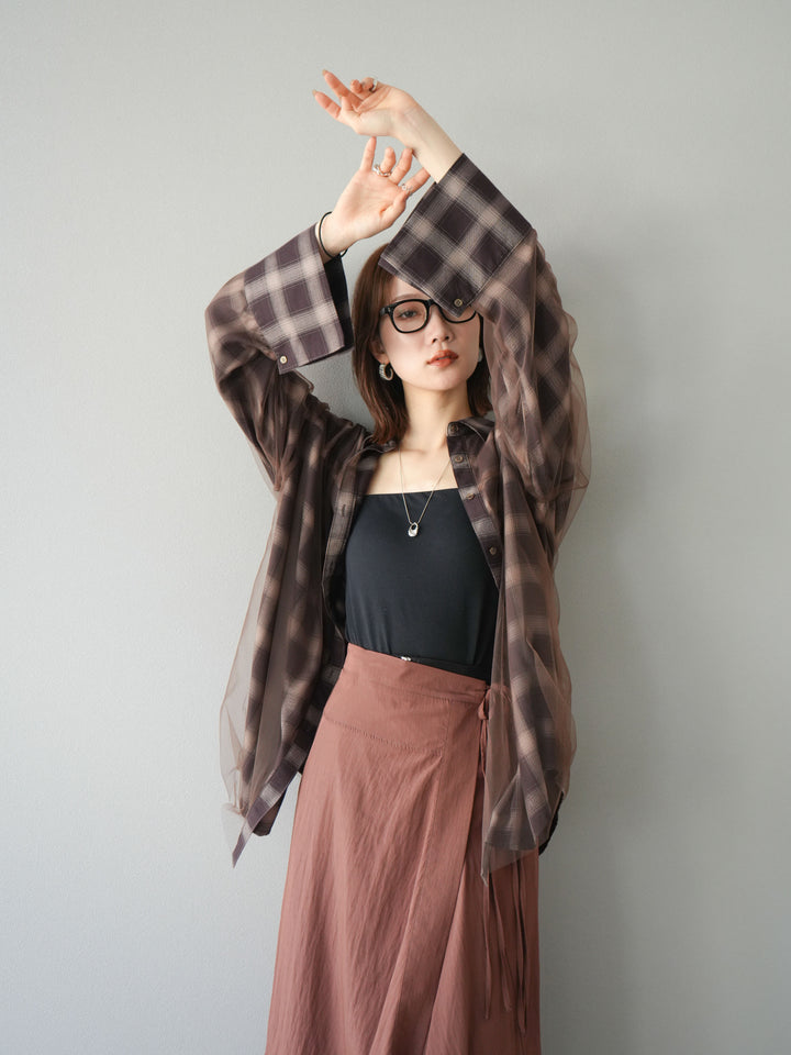 [予約]チュールドッキングチェック柄オーバーサイズシャツ/ブラウン