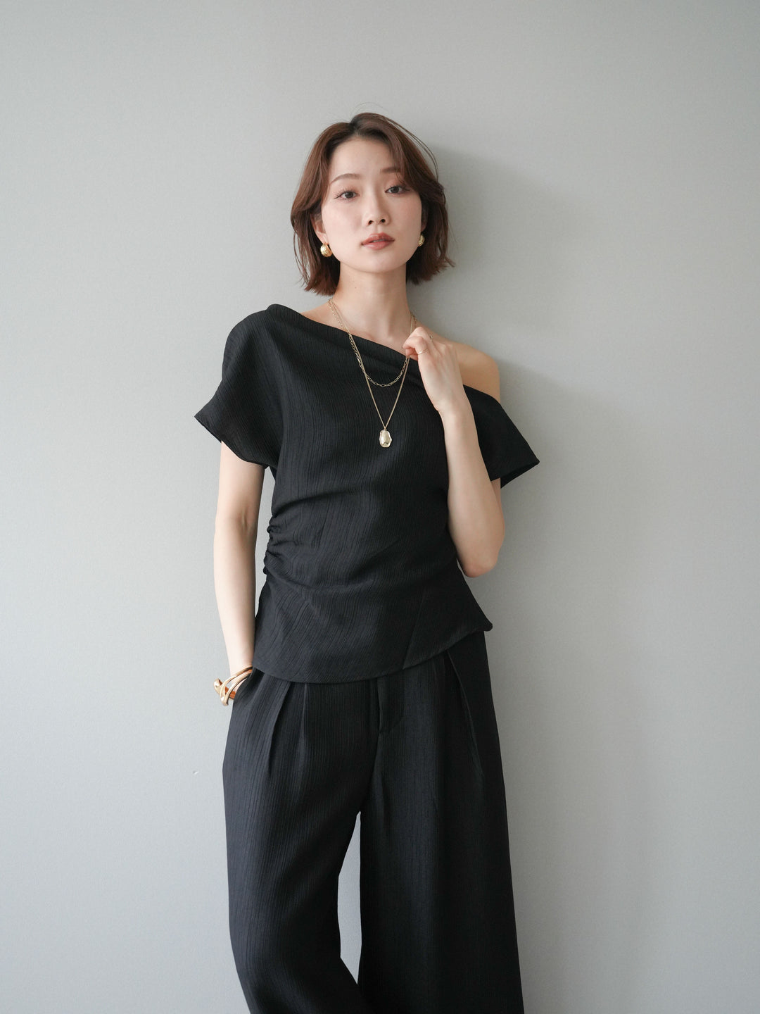 [SET]クレープアシンメトリーギャザートップス+クレープドレープタックパンツ(2set)