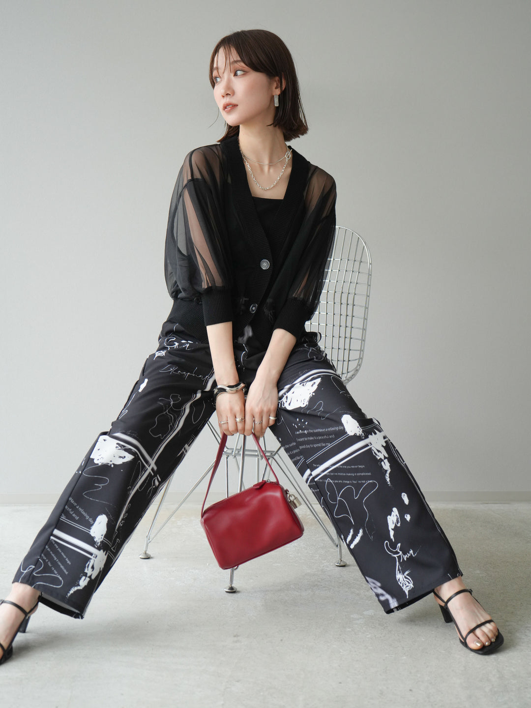 [SET] 透視半袖褶皺開襟衫 + 彩繪圖案褶襉褲 (2set)
