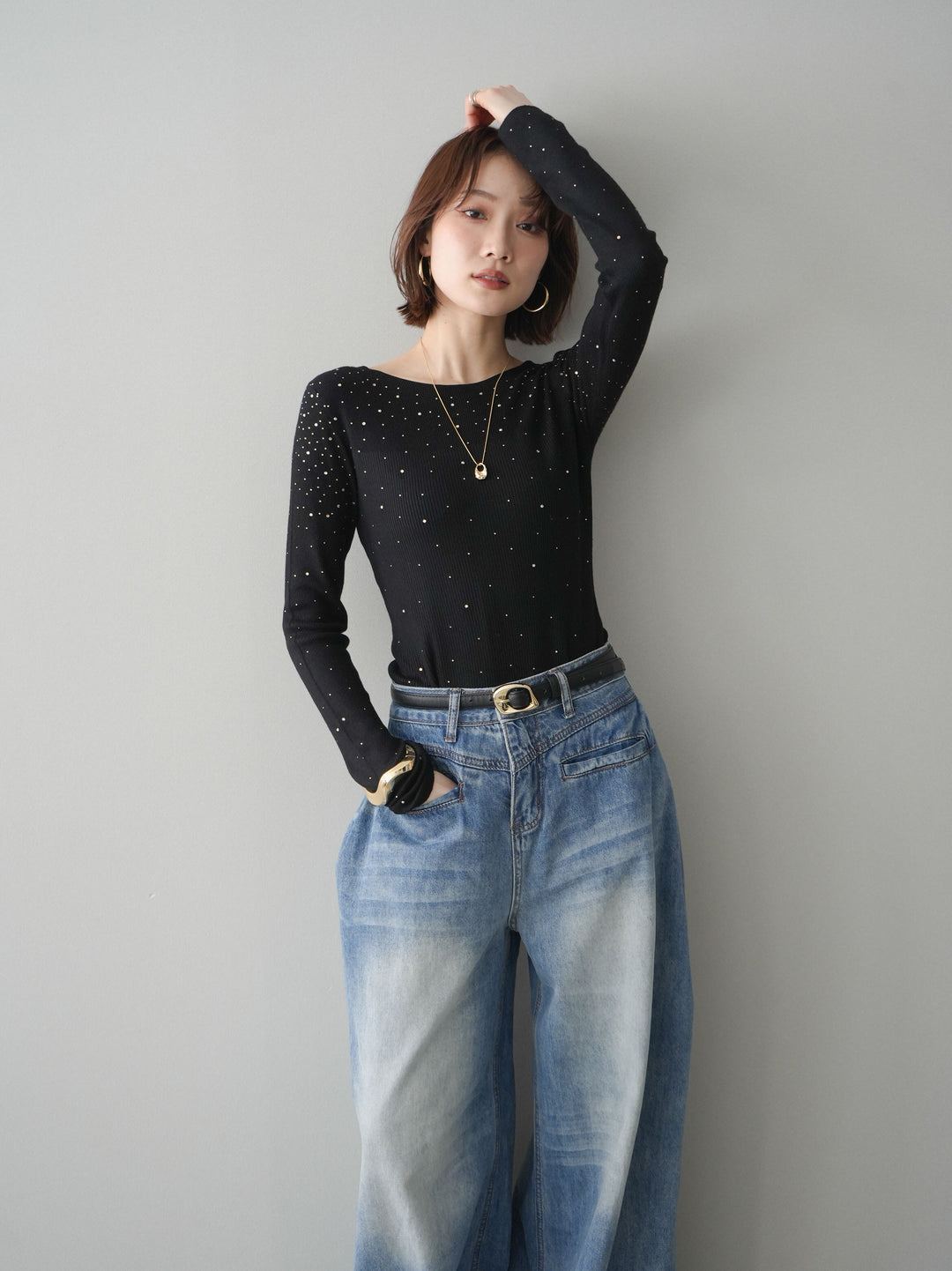 [SET]スパンコールシアーニットトップス+フロントポケットサイドタックワイドデニム(2set)