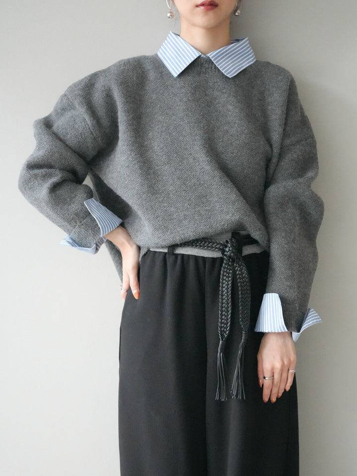 [SET]2WAYストライプ襟ニットプルオーバー+編み込みベルト付きウエスト配色スエットパンツ(2set)