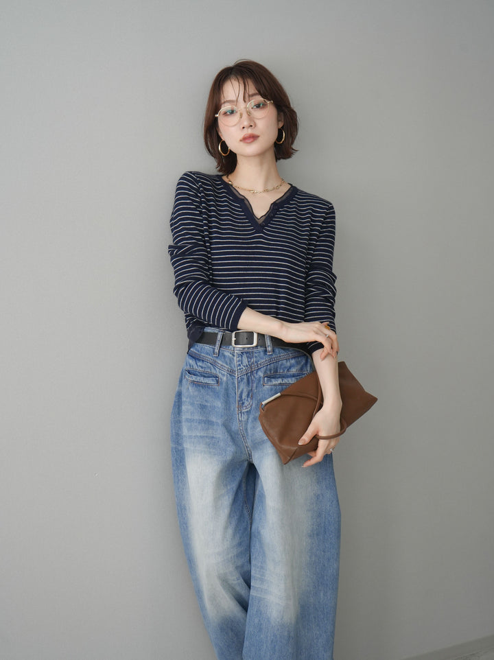 [SET]チュールレイヤードデザインボーダーニットトップス+フロントポケットサイドタックワイドデニム(2set)