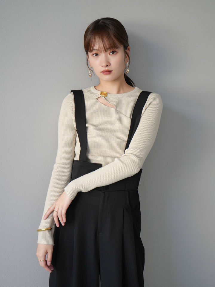 [予約]ゴールドモチーフデザインリブトップス/ベージュ