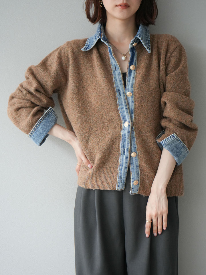 [SET]デニム襟ボタンニットカーディガン+エステルタックワイドパンツ(2set)