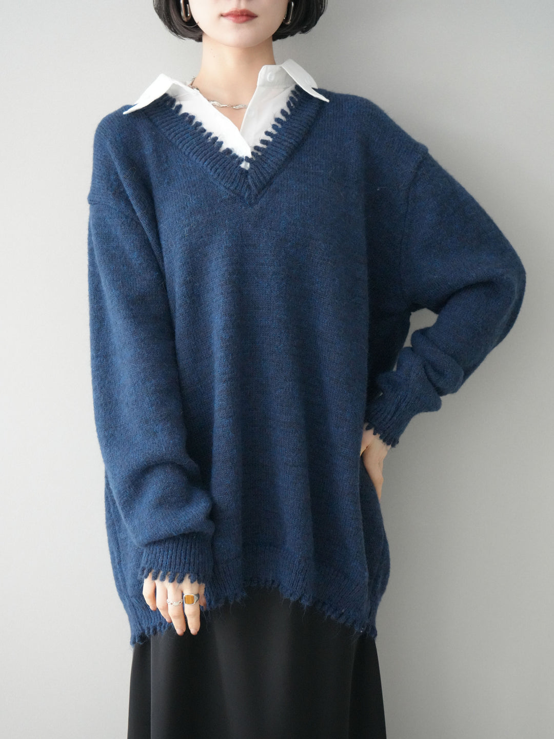 [予約]シャツドッキングVネックフリンジニットプルオーバー/navy