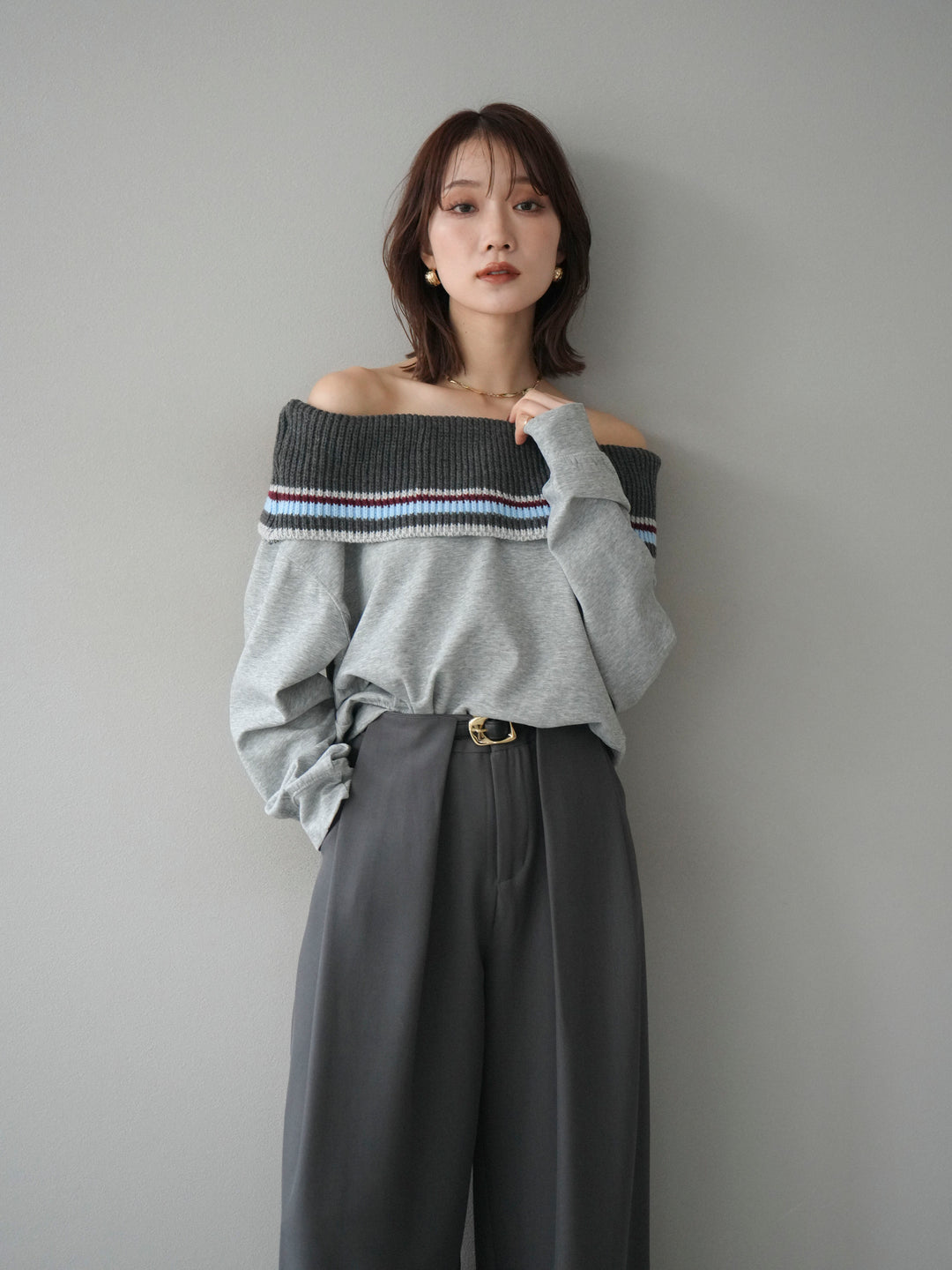 [予約]ボーダーニットオフショルダーxスウェットプルオーバー/gray