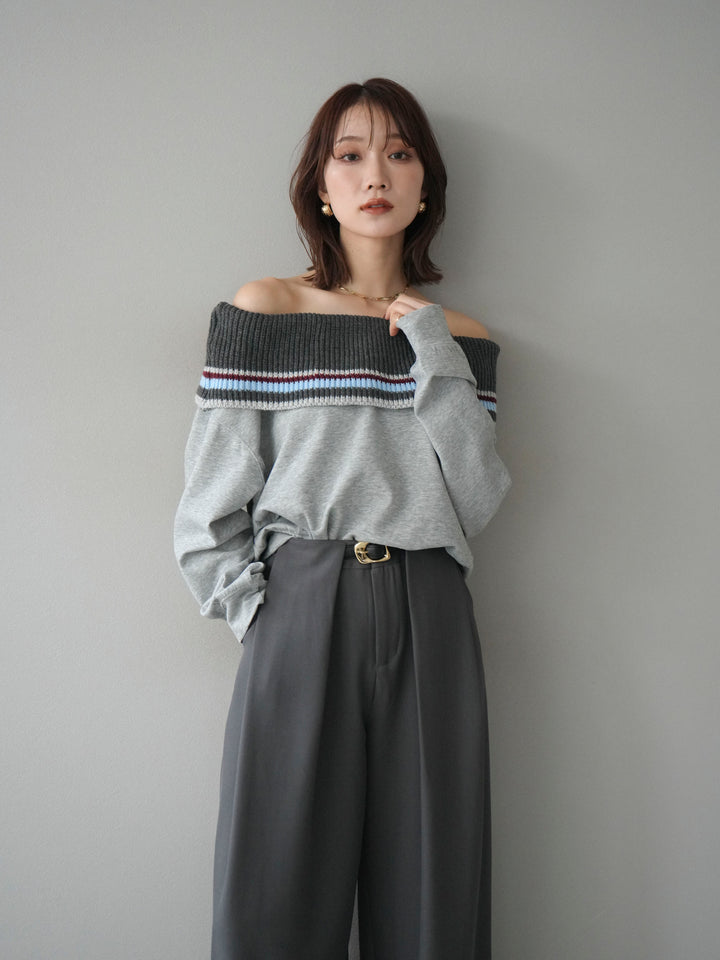 [予約]ボーダーニットオフショルダーxスウェットプルオーバー/gray
