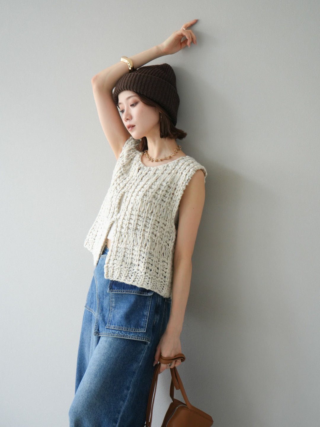 [予約]ミックスヤーンデザイン編みニットベスト/アイボリー