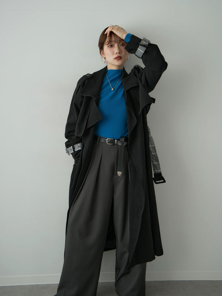 [SET]チェックコンビトレンチコート+リブモックネックニットトップス(2set)