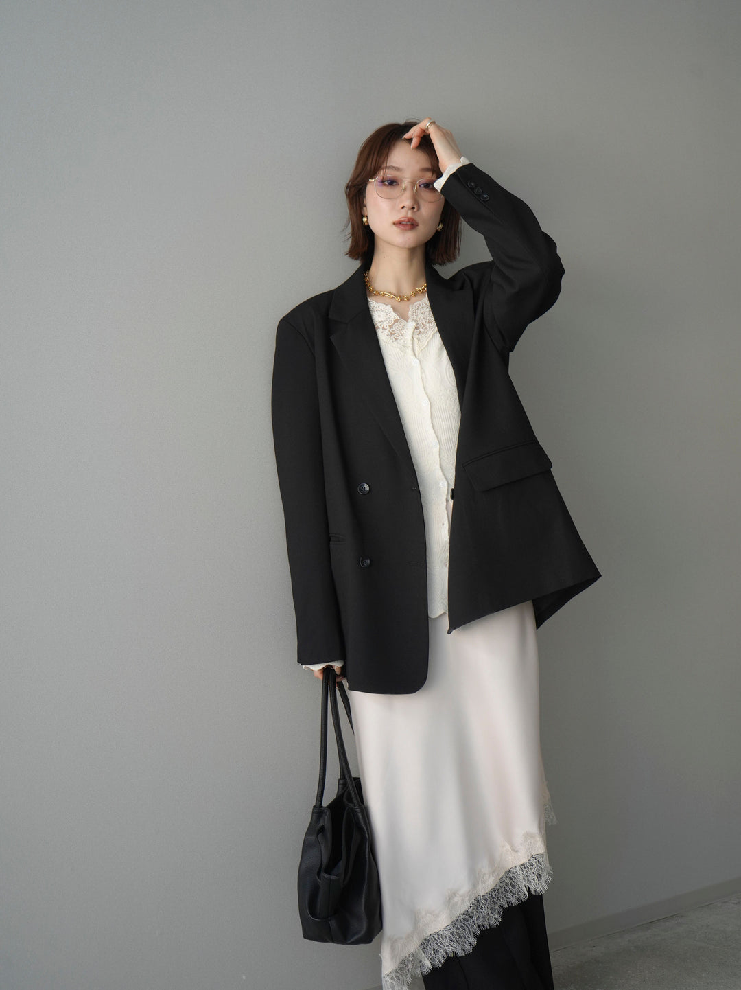 [SET]ダブルブレストオーバージャケット+レースネックジャガードニットカーディガン(2set)