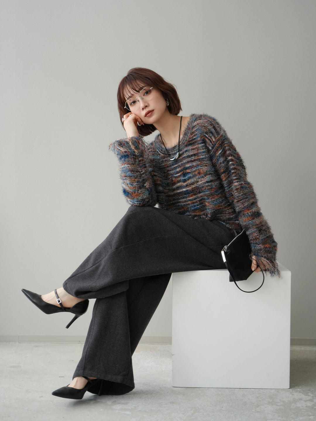 [SET]裾フリンジミックスヤーンシャギープルオーバー+ベルト付起毛コクーンパンツ(2set)