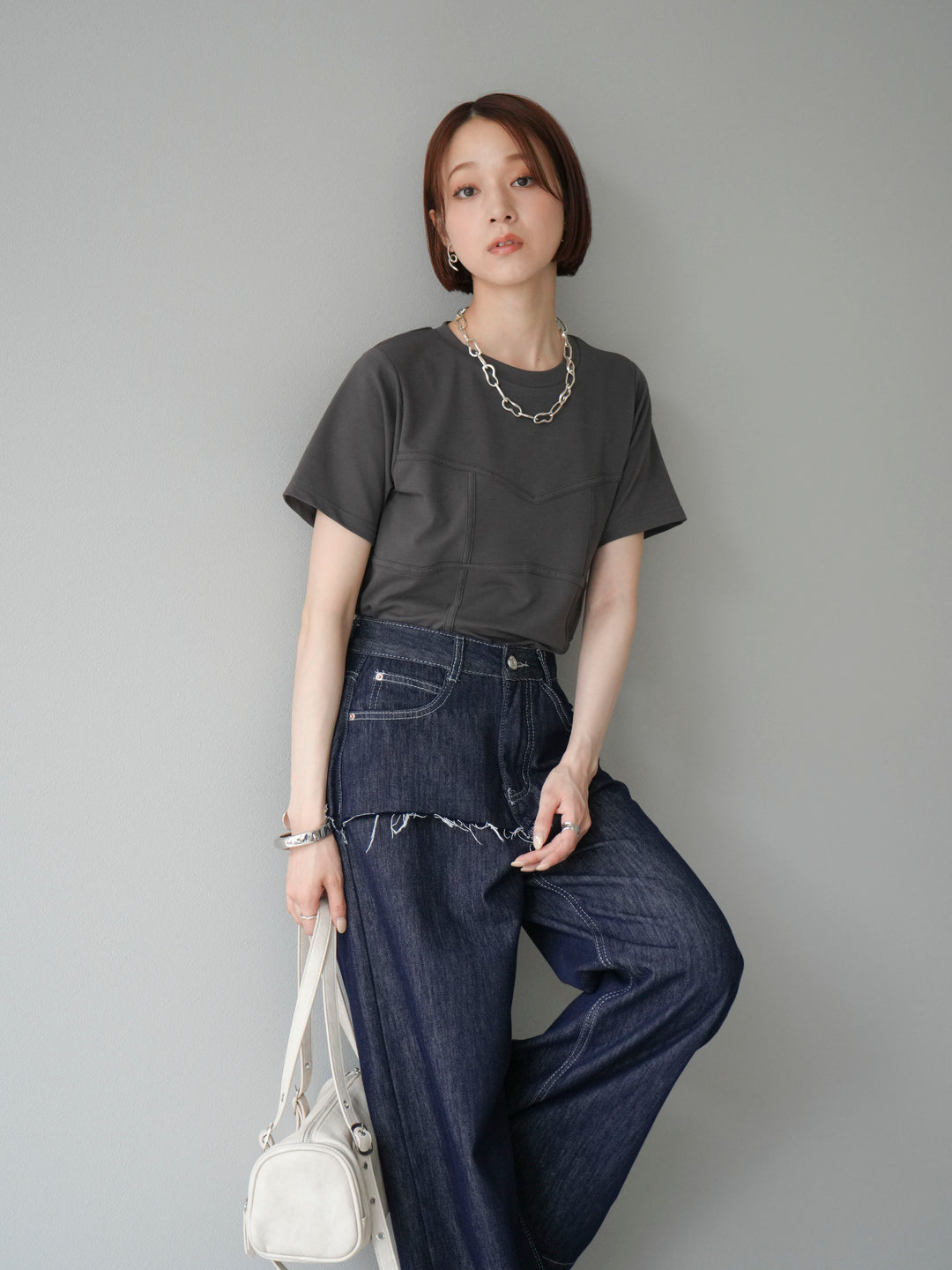 [SET]ビスチェデザインTシャツ+ヒップデザインデニムパンツ(2set)