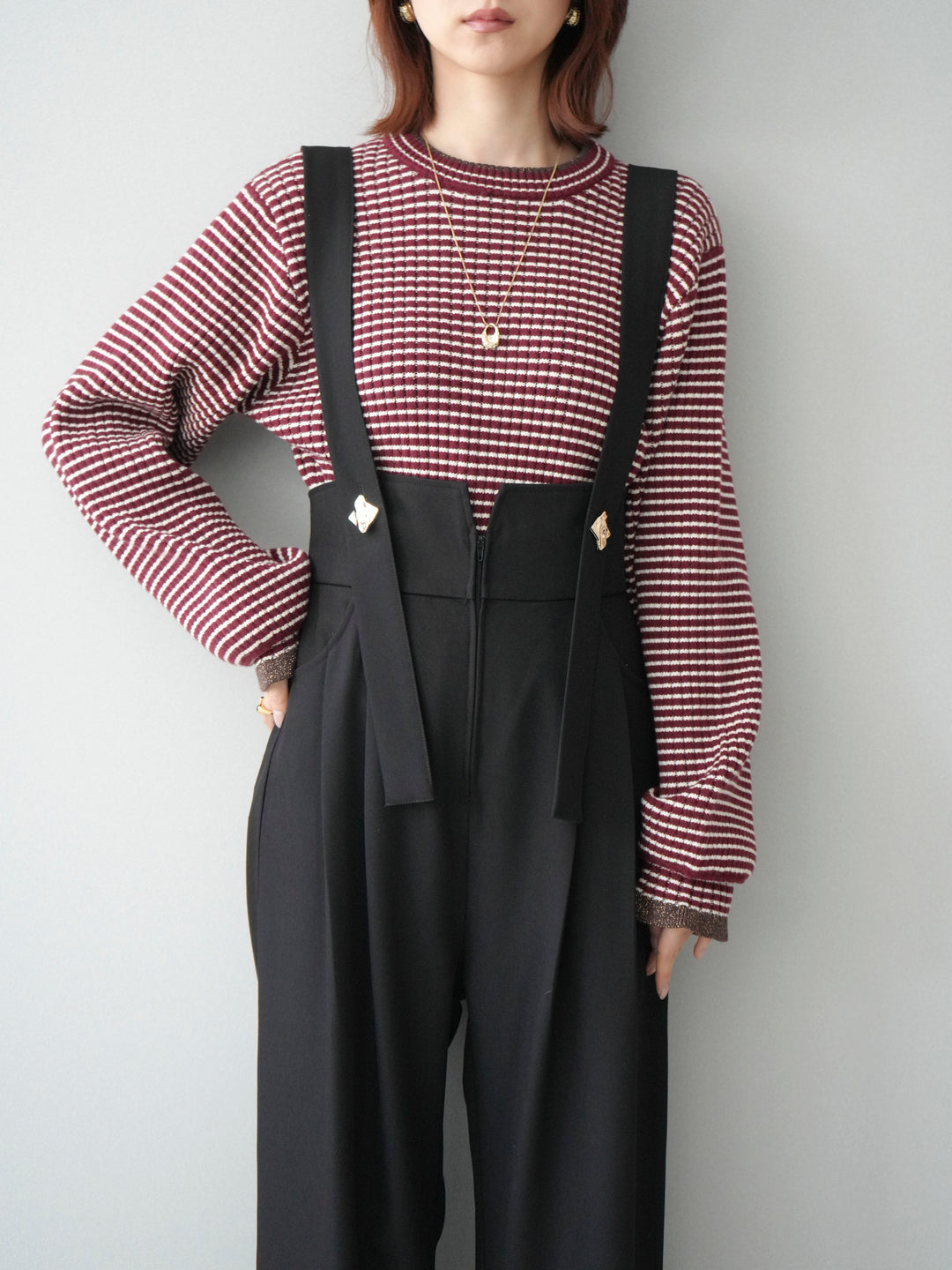 [SET]ラメ異素材ボーダーリブニットプルオーバー+ゴールドボタンサスペンダーワイドパンツ(2set)