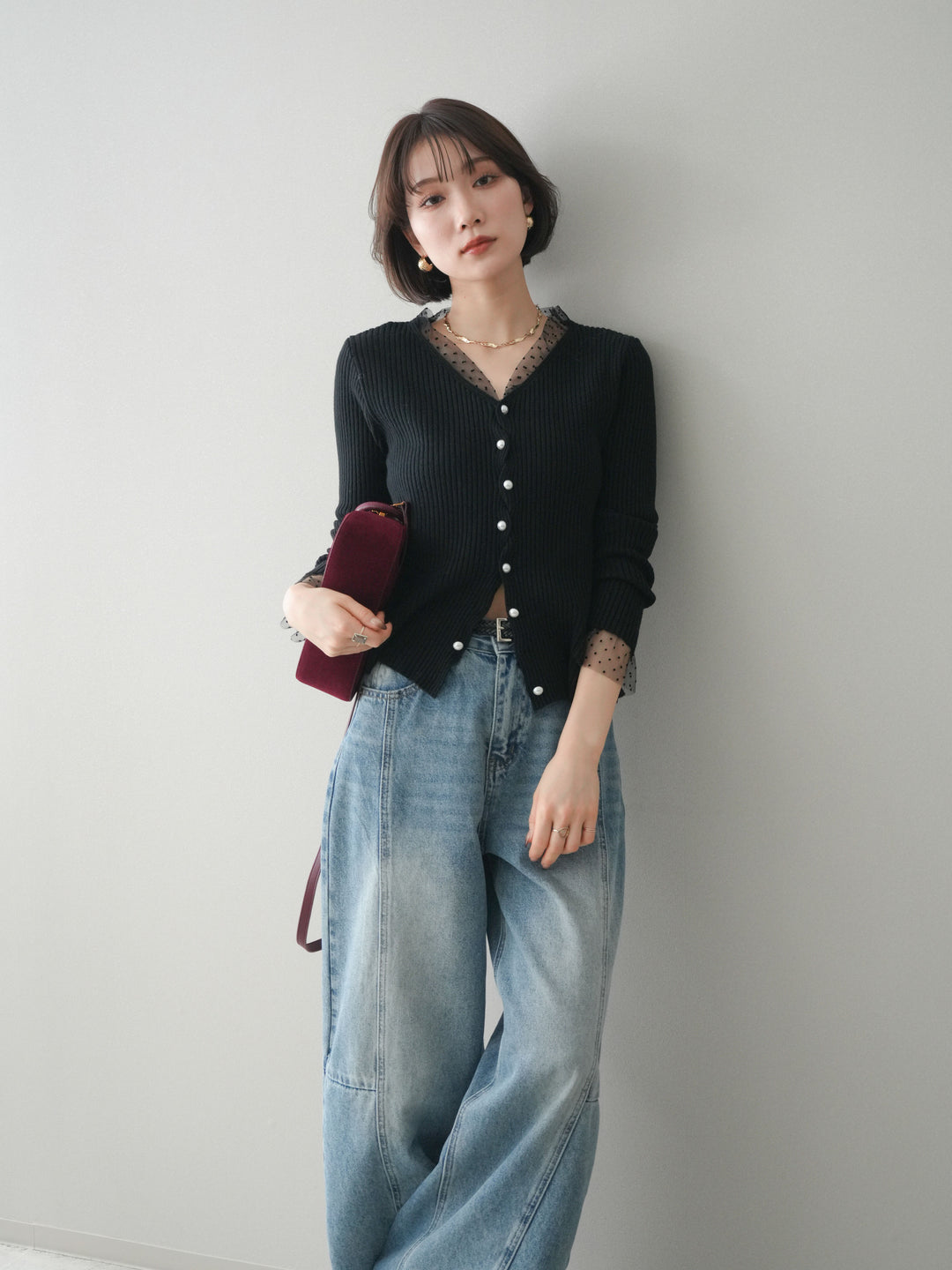 [SET]チュールドッキングパールボタンニットカーディガン+選べるアクセセット(2set)