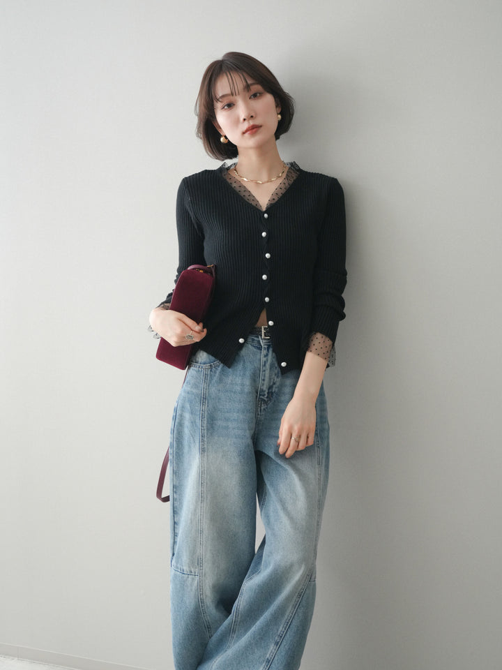 [SET]チュールドッキングパールボタンニットカーディガン+選べるアクセセット(2set)