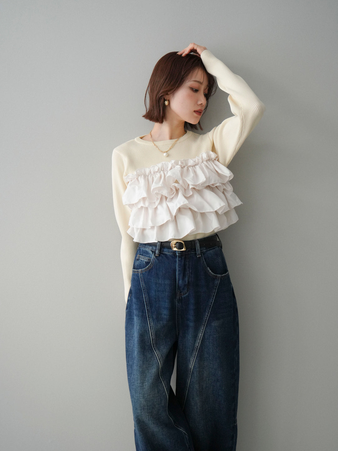 [SET]フリルビスチェドッキングスポンジニットプルオーバー+ストーンフォークリング(2set)