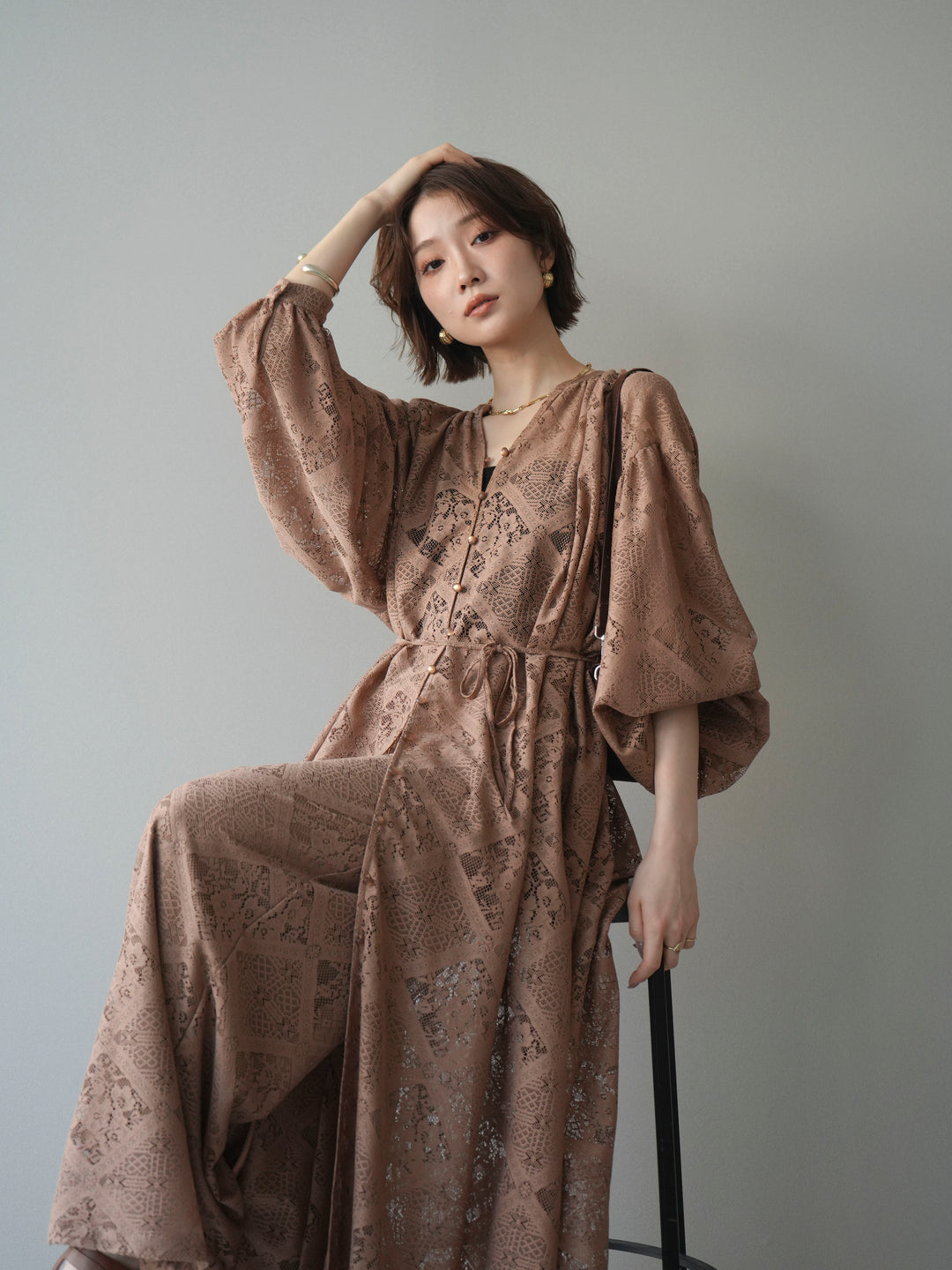 [SET]シアーレースロングガウン+シアーレースイージーパンツ(2set)