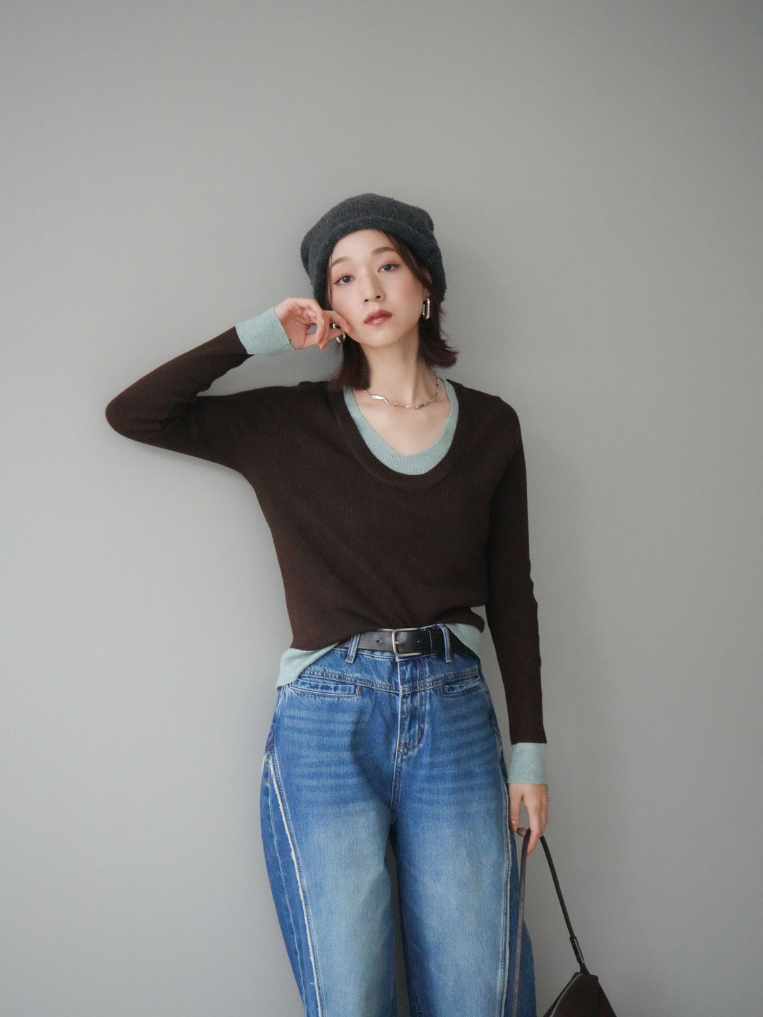 [SET]Uネック配色レイヤードリブニットトップス+サイドフリンジワイドデニムパンツ(2set)