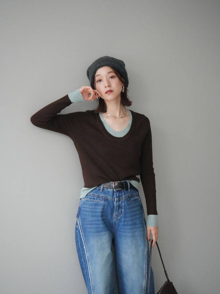 [SET]Uネック配色レイヤードリブニットトップス+サイドフリンジワイドデニムパンツ(2set)