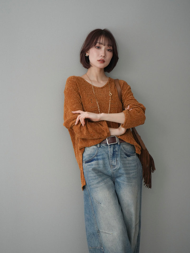 [予約]モール透かし編みニットトップス/camel