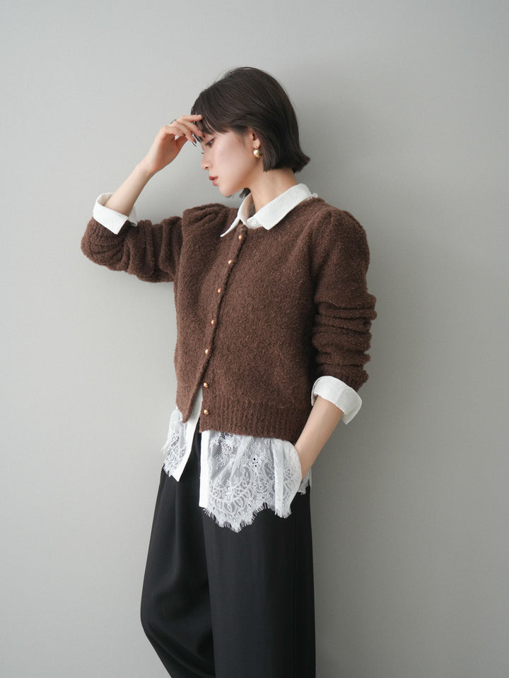 [SET]ゴールドボタンブークレニットカーディガン+総レースボリュームスリーブシャツ(2set)