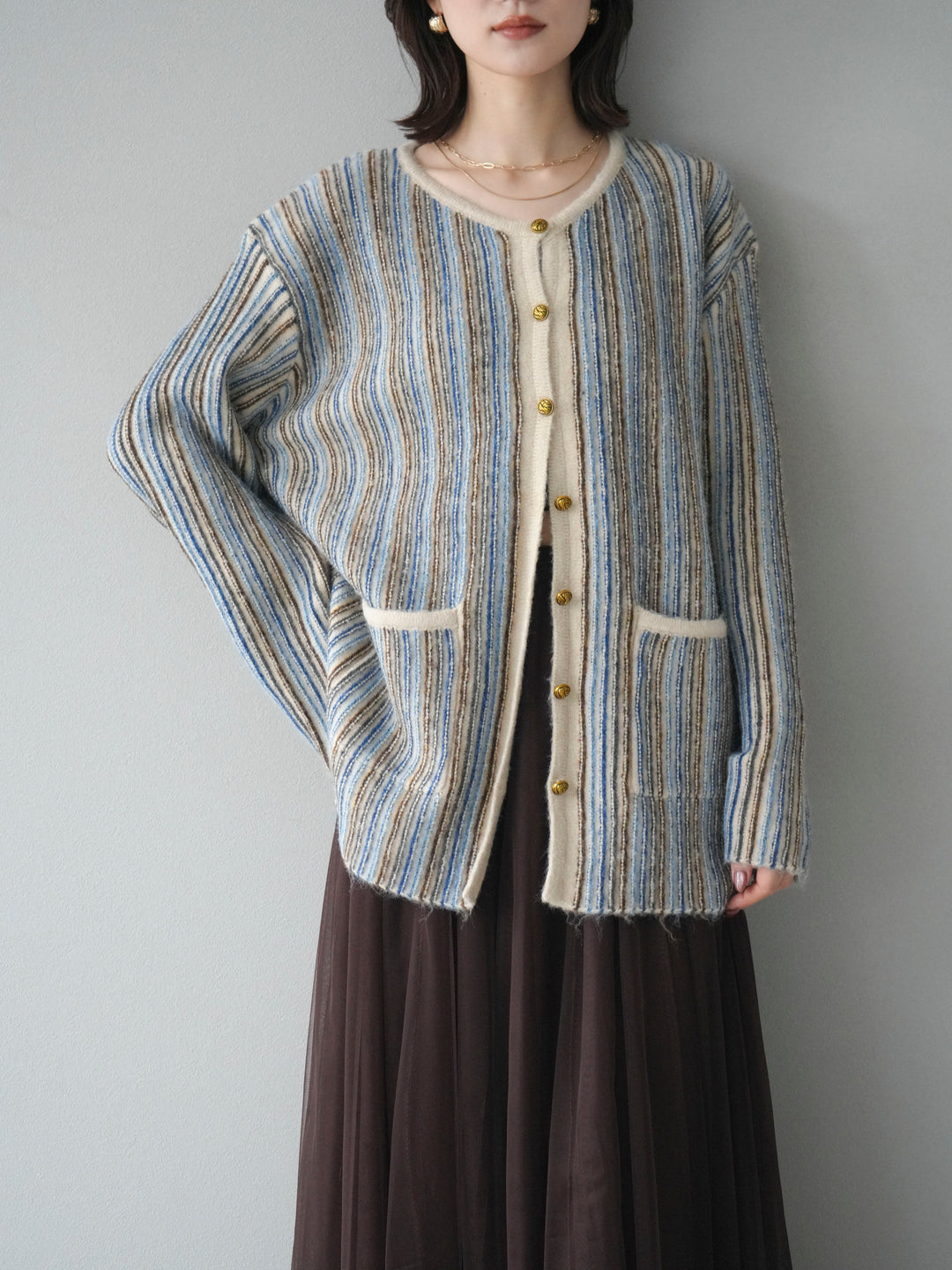 [予約]アンティークボタンストライプニットカーディガン/ivory