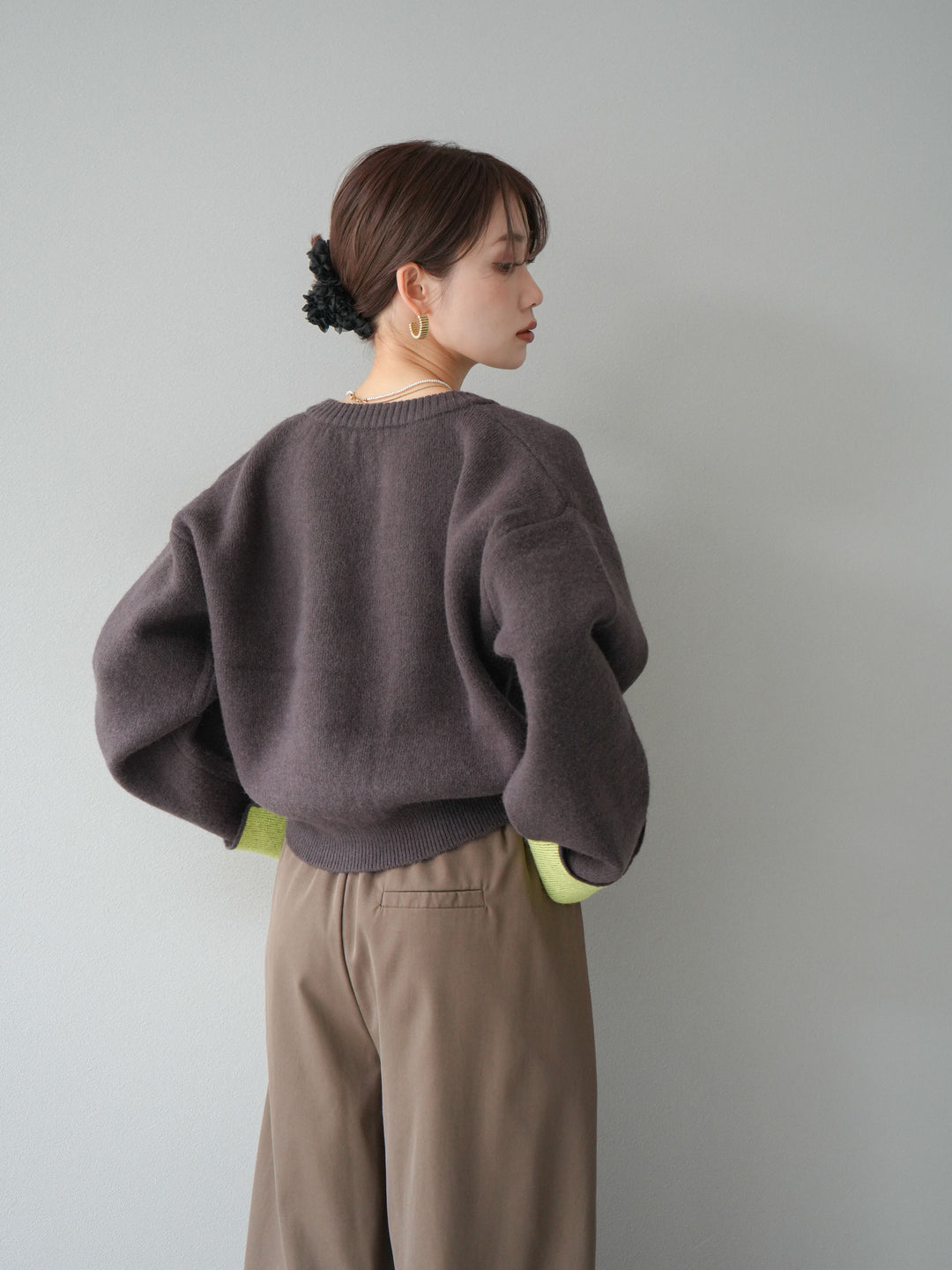 【SET】雙色針織開襟衫+褶襉設計寬褲（2套）