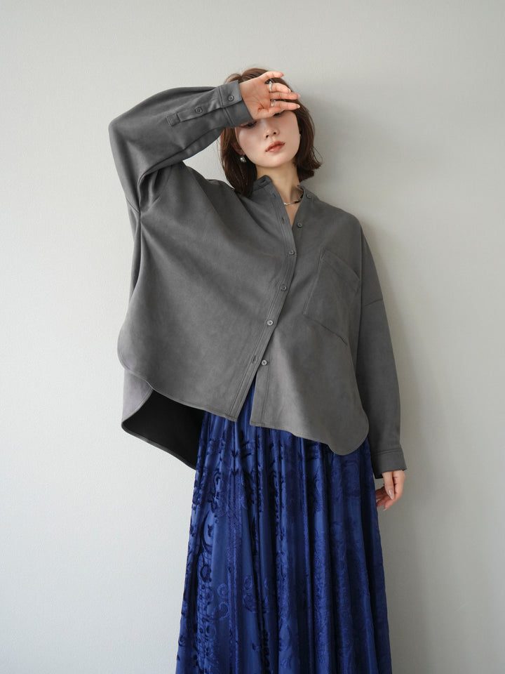 [SET]スエードバンドカラーオーバーシャツ+アンティーク柄フロッキーマキシスカート(2set)