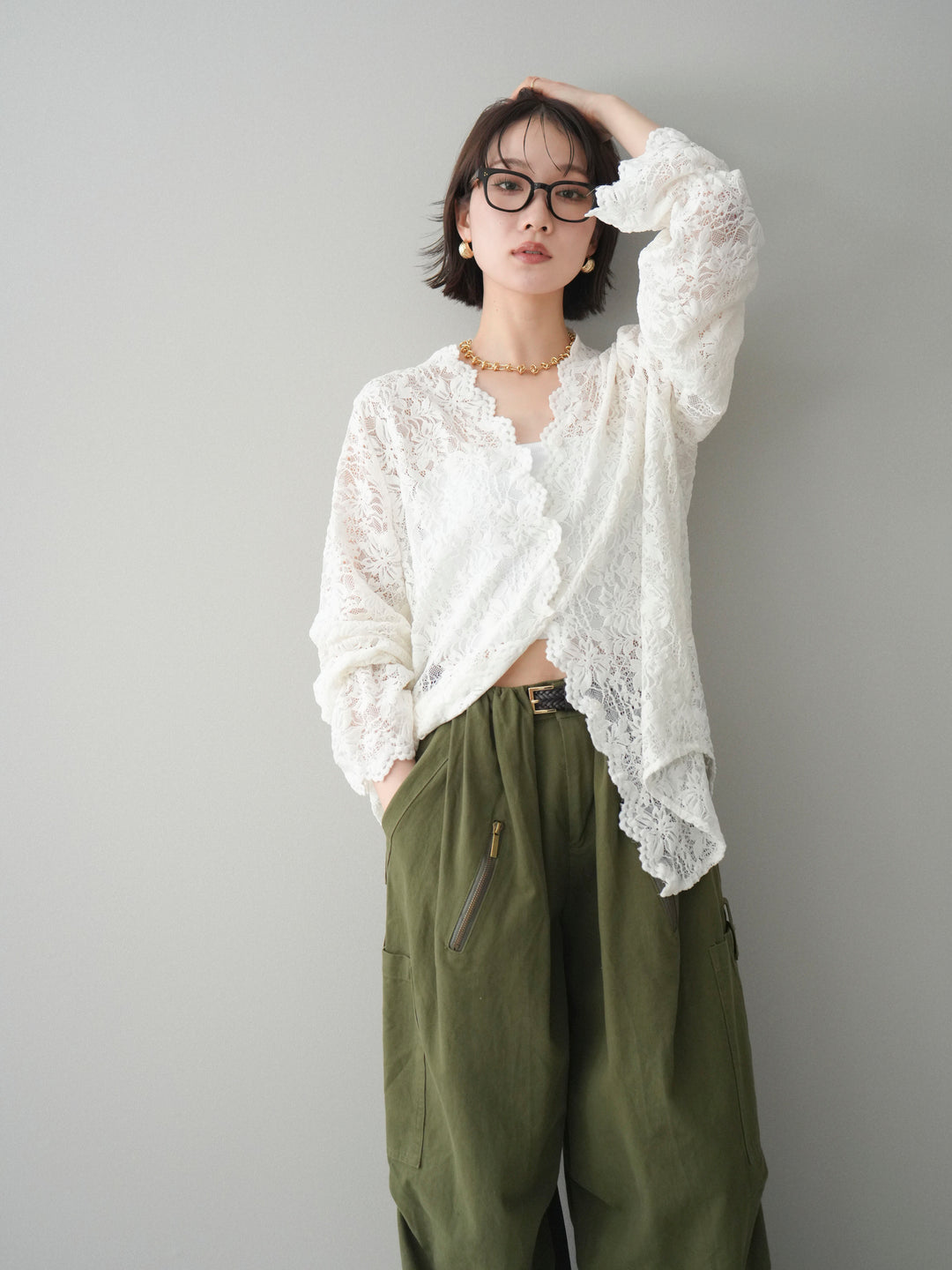 [予約]Vネックレースブラウス/white