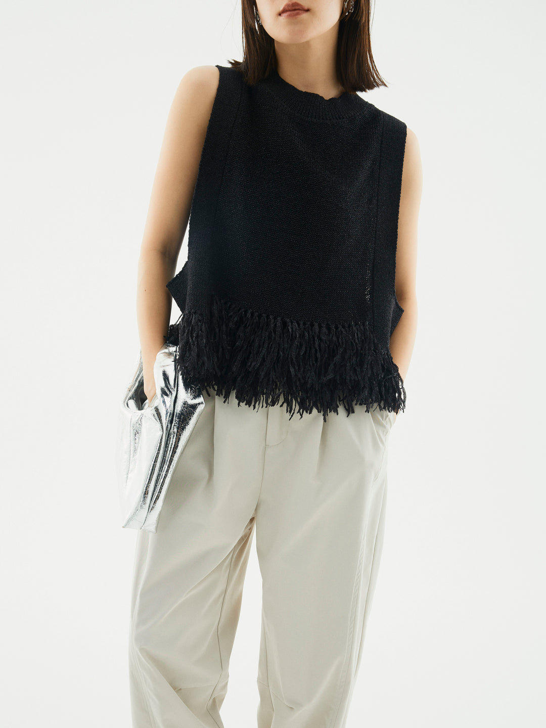 【Allure】[SET]フェザーヤーンニットベスト+タフタワイドカーブパンツ(2set)