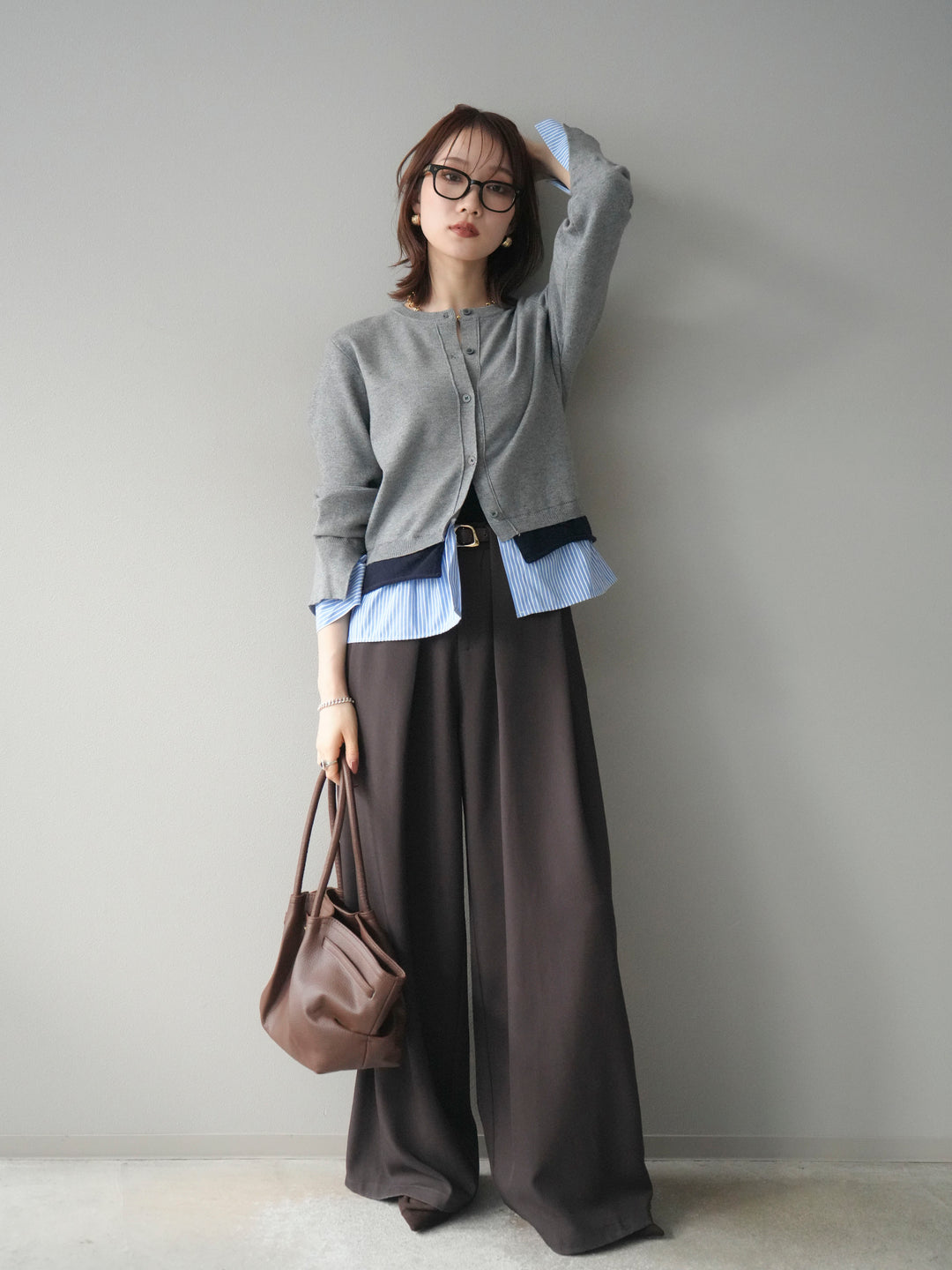 [SET]シャツ襟レイヤードニットカーディガン+ベルトループデザインワイドパンツ(2set)