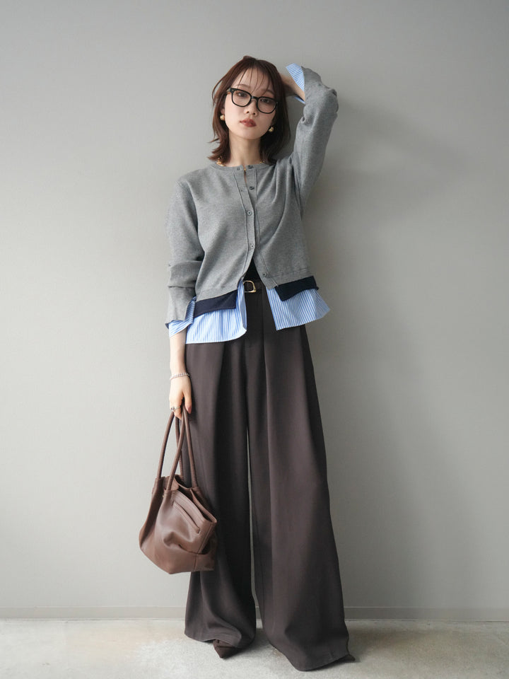 [SET]シャツ襟レイヤードニットカーディガン+ベルトループデザインワイドパンツ(2set)