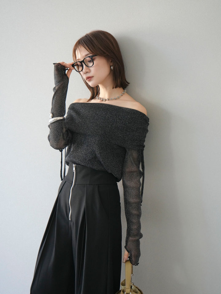 [予約]ラメシアーウィンガーホールオフショルトップス/ブラック