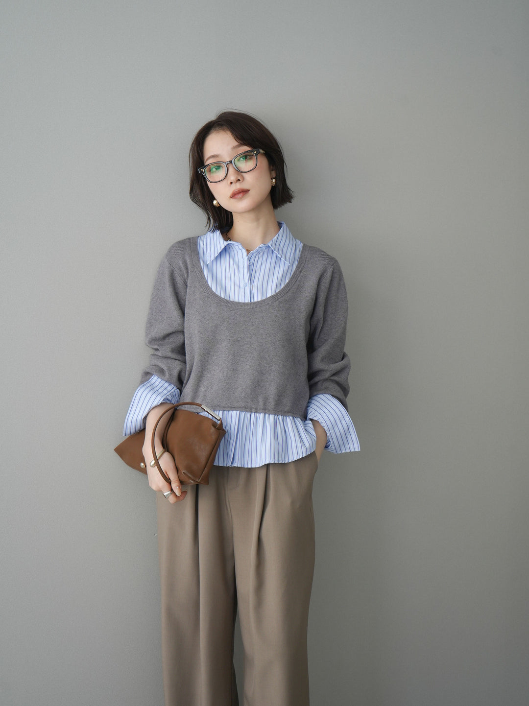 [予約]ストライプシャツUネックドッキングニットプルオーバー/graybluestripeA