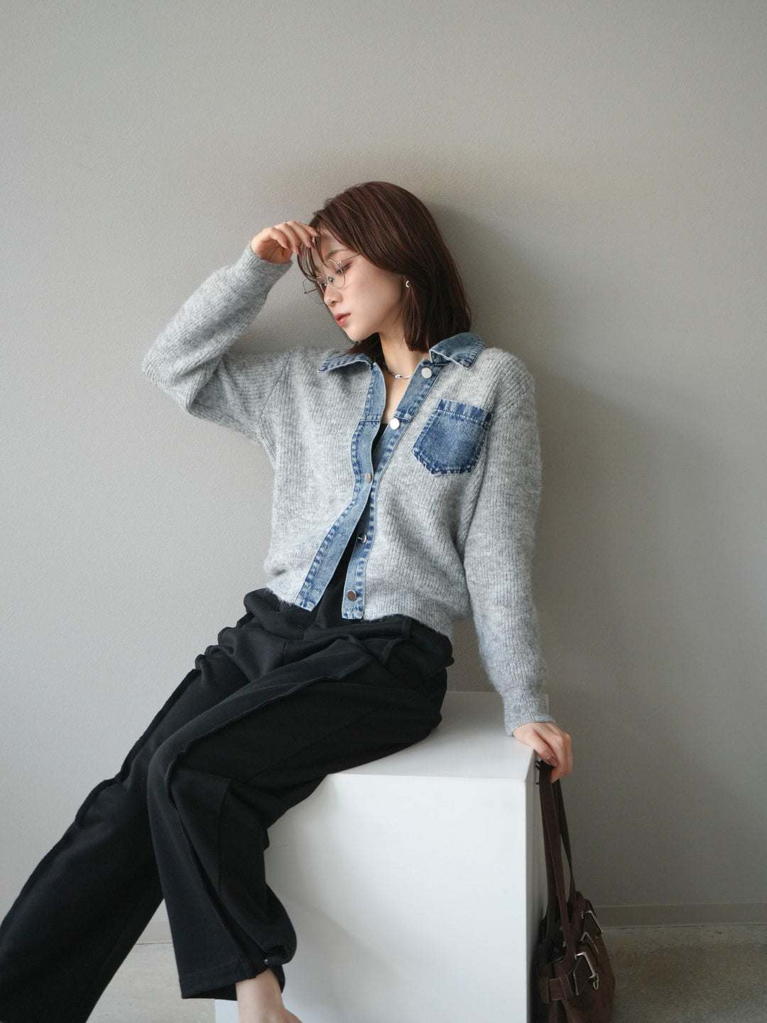 [予約]デニム襟ポケットニットカーディガン/gray