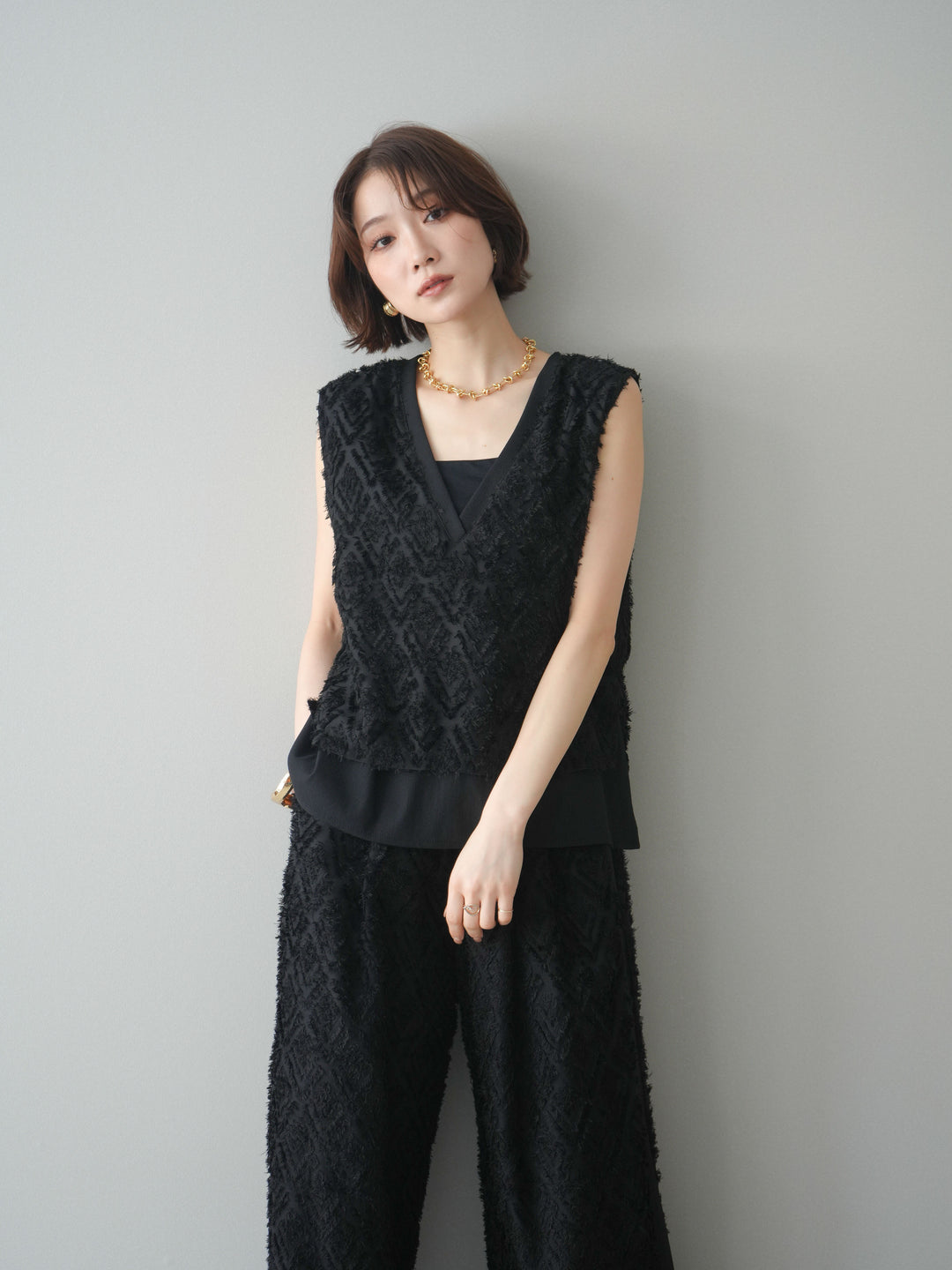 [SET]フリンジレイヤードVネックノースリーブ+選べるアクセセット(2set)