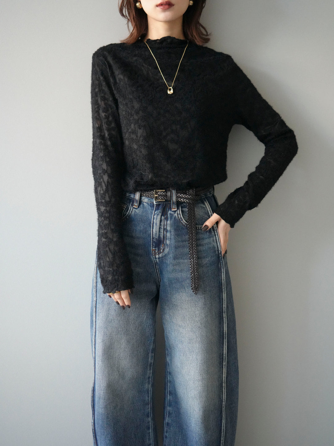 [予約]起毛レースプチネックトップス/black