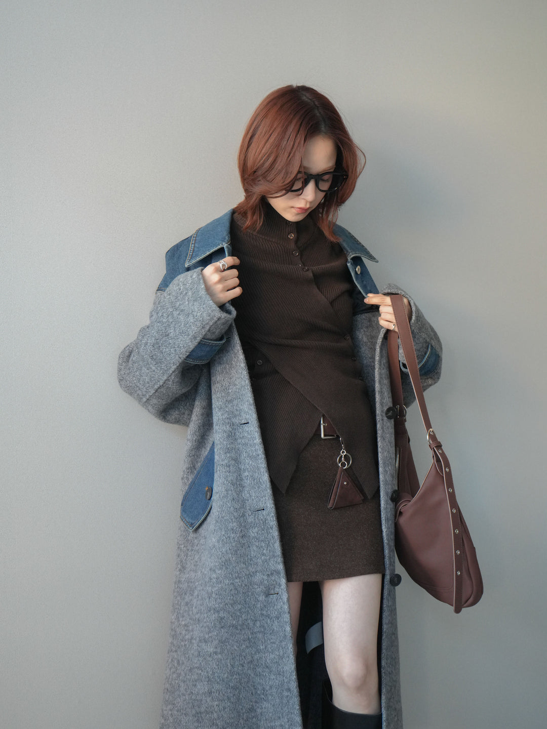 [SET]デニム切替シャギーステンカラーコート+ウールタッチベルト付ミニスカート(2set)