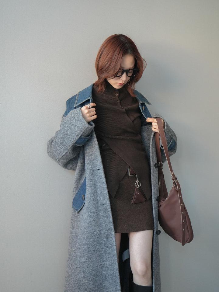 [SET]デニム切替シャギーステンカラーコート+ウールタッチベルト付ミニスカート(2set)