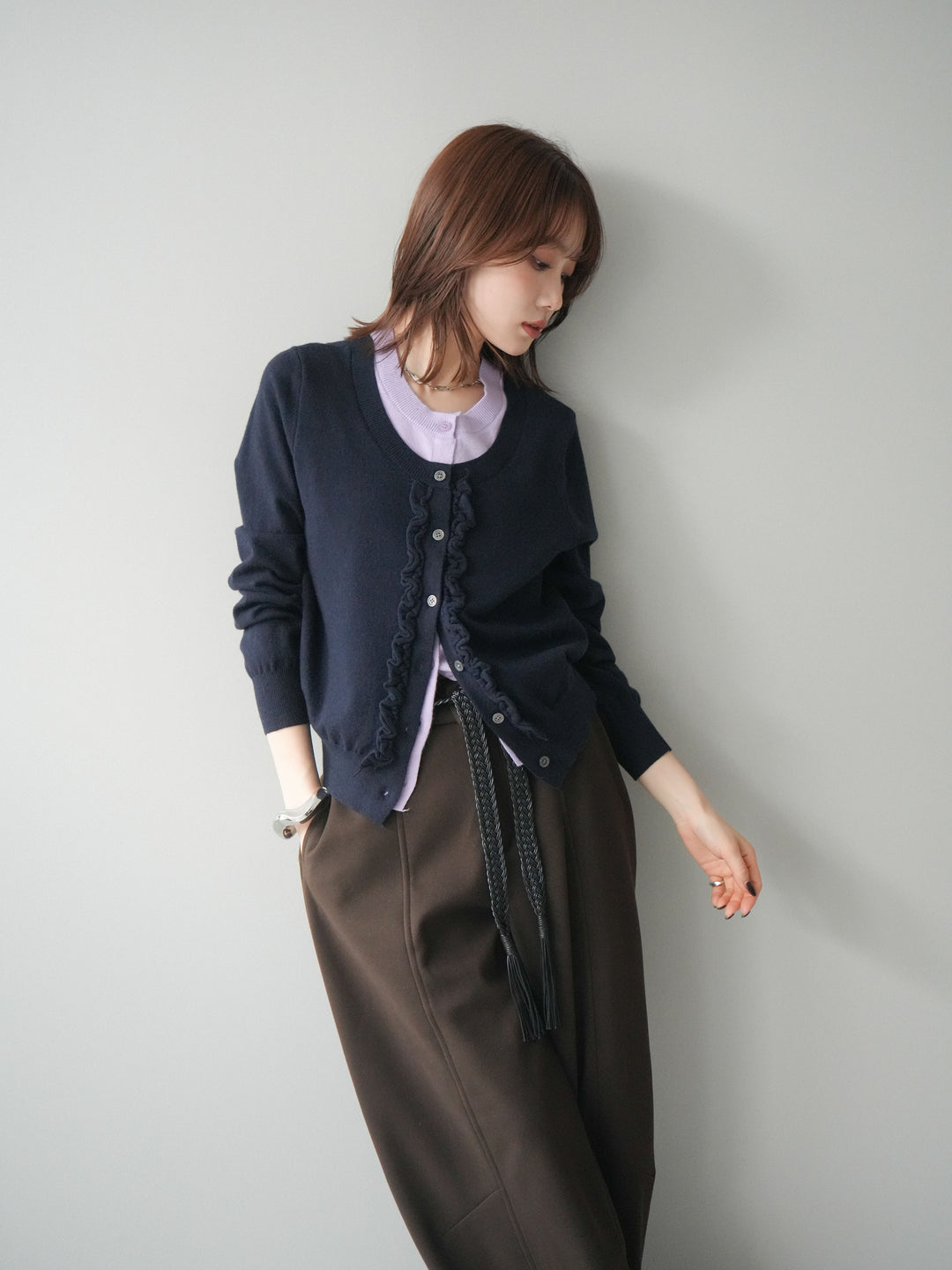 [予約]配色レイヤードフリルデザインニットカーディガン/black