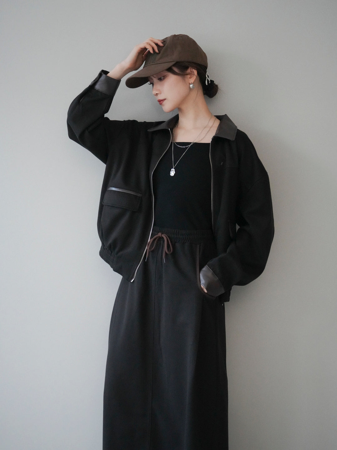 [予約]レザー襟配色パイピングブルゾン/black