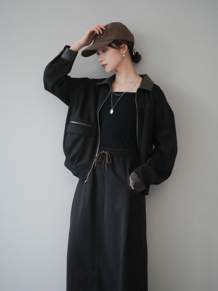 [予約]レザー襟配色パイピングブルゾン/black