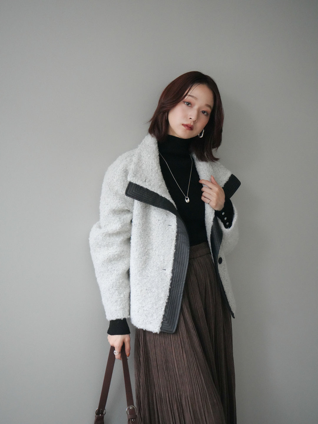 [SET]レザー切替ブークレブルゾン+裾レーススウェードプリーツマキシスカート(2set)