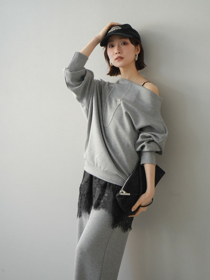 [SET]アシンメトリーオフショルポンチプルオーバー+レーストリムキャミソール+イージーポンチワイドパンツ(3set)