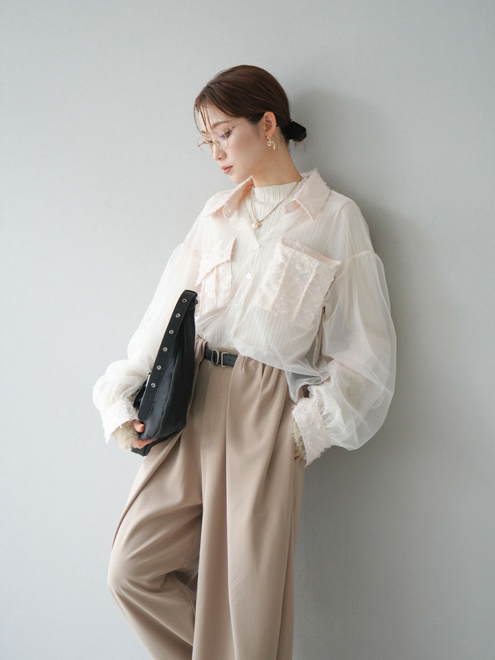 [SET]フリンジジャガード×チュールレイヤードシャツ+アームシャギーランダムリブニットトップス+ベルト付タックワイドパンツ(3set)