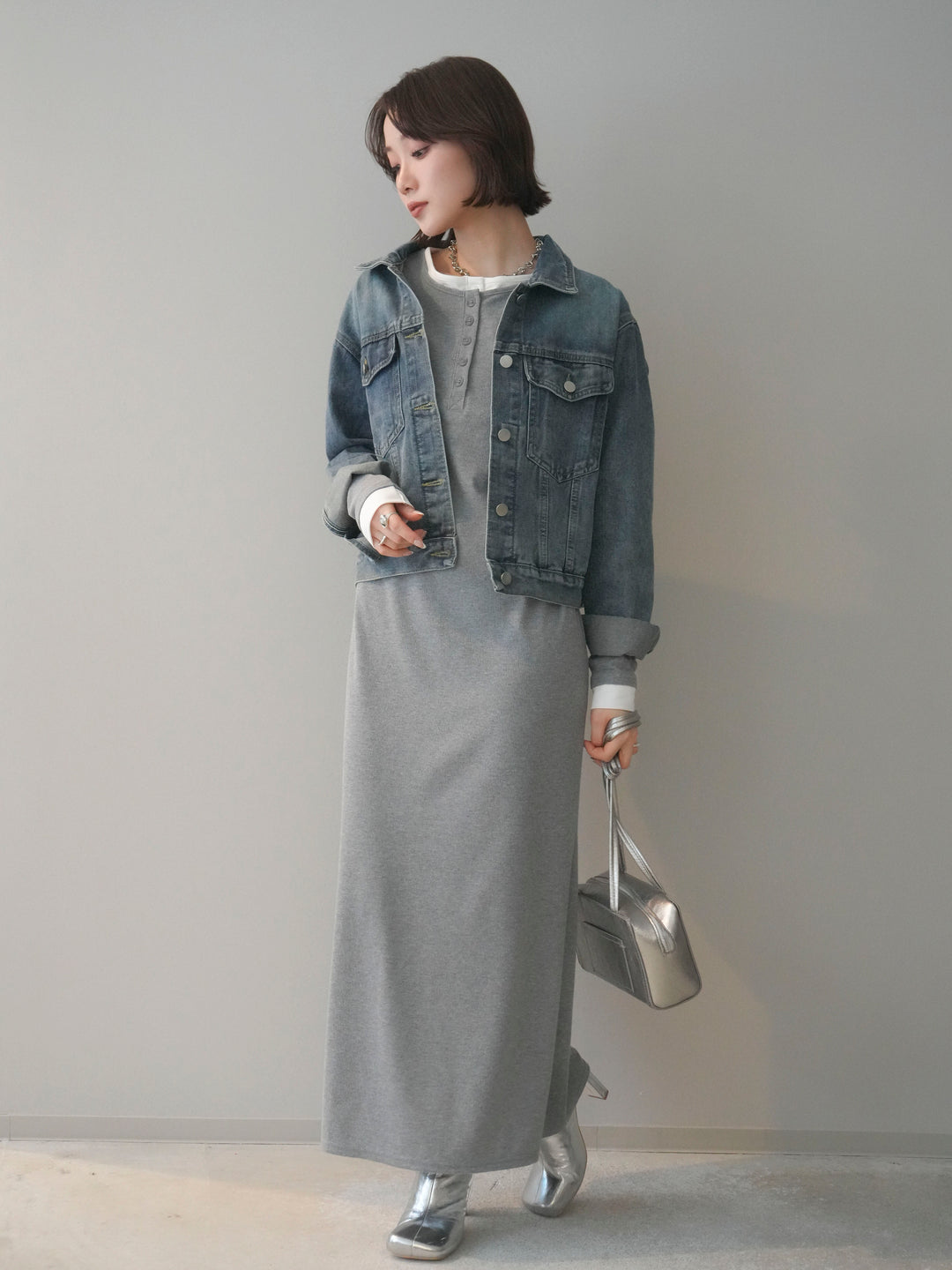 [SET]配色レイヤードヘンリーネックカットリブワンピース+配色ステッチデニムジャケット(2set)