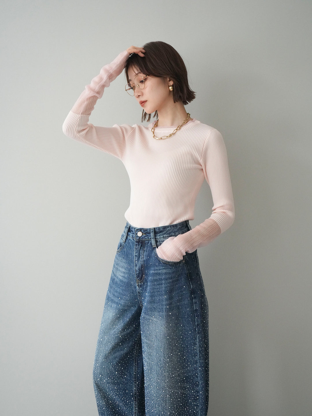 [予約]リブラメシアー切替リブニットトップス/pink